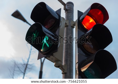 traffic lights and facades near train station at sunset time in autumn november in south germany near cities of munich and stuttgart Royalty-Free Stock Photo #756621055
