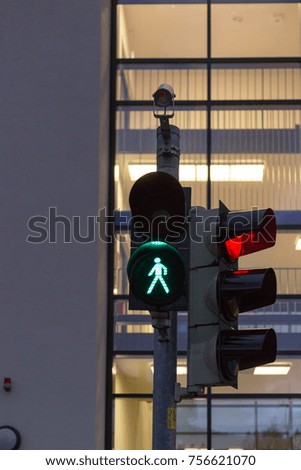 traffic lights and facades near train station at sunset time in autumn november in south germany near cities of munich and stuttgart