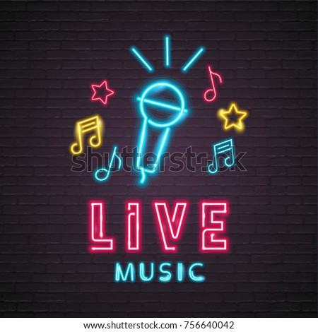 Neon Light Glowing Live Music with Microphone Symbol Music Note Icon Graphic Vector Illustration Silhouette Design