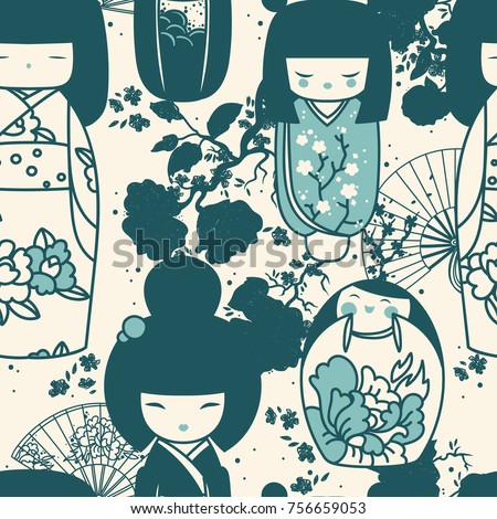 seamles pattern with traditional japanese dolls - kokeshi and sakura flowers, cold palette, vector illustration in cartoon style