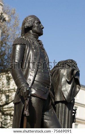 Statue of the first US President George Washington (1732-1799). Donated in 1921 by the people of Virginia, it stands outside the UK's National Gallery on Trafalgar Square, London.