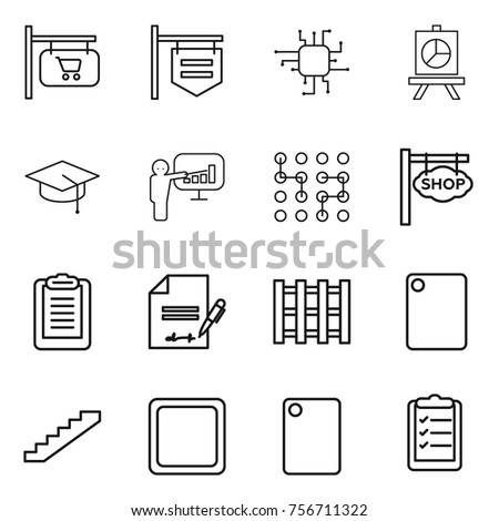 thin line icon set : shop signboard, chip, presentation, graduate hat, clipboard, inventory, pallet, cutting board, stairs, list