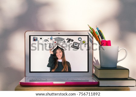 E-Learning and digital lifestyle Concept. Asian student woman  with education and E-learning illustration doodles in the laptop computer with bokeh wall back ground