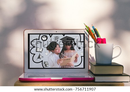 E-Learning and online course for kid  Concept. Asian student woman  with education and E-learning illustration doodles in the laptop computer with bokeh wall back ground
