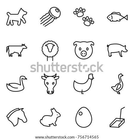 thin line icon set : dog, jellyfish, pets, fish, cow, sheep, pig, goose, chicken, horse, rabbit, egg, scoop