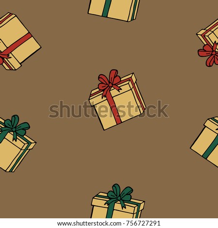 Hand drawn christmas doodle seamless pattern. Cute background with gift box, presents.