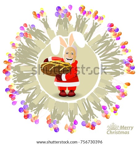 Christmas card. Santa claus with a chocolate cookie. Surrounded with people and balloons. illustration, vector for your design