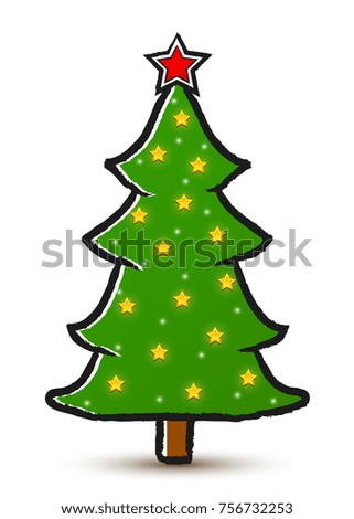 Vector drawing decorated Christmas tree isolated on white background