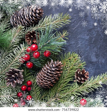 Spruce branches and cones frame. Great season texture with december and winter mood, traditional beverage for winter time. Top view, copy space.