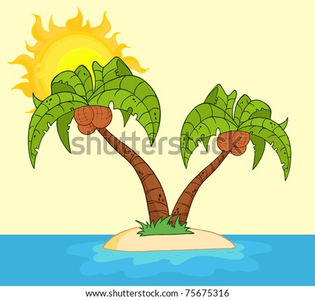 Cartoon Island With Two Palm Tree Raster Illustration