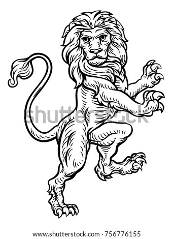 A lion standing rampant on its hind legs from a coat of arms or heraldic crest