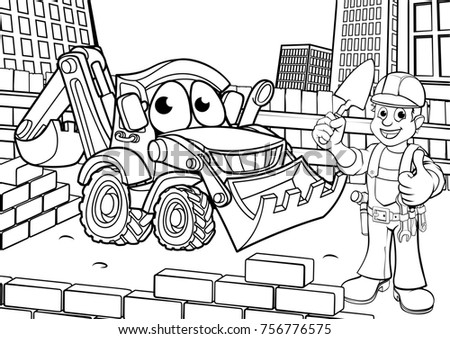 Cartoon construction building site scene with builder and excavator or digger vehicle