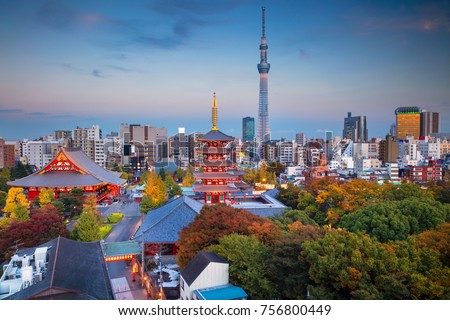 Tokyo. Cityscape image of Tokyo skyline with Sensoji temple during twilight in Japan.