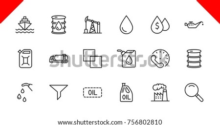 Set of Oil Related Vector Line Icons. Contains such Icons as Fuel Truck, Gas Station, Oil Factory, Transportation and more. Editable Stroke. 32x32 Pixel Perfect.