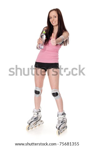 The beautiful young woman in rollerskates on a white background.