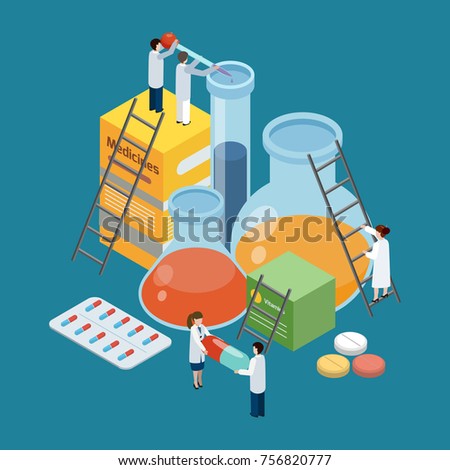 Pharmaceutical production symbolic isometric background poster with lab researches climbing on medicine pills packages retorts vector illustration   Royalty-Free Stock Photo #756820777
