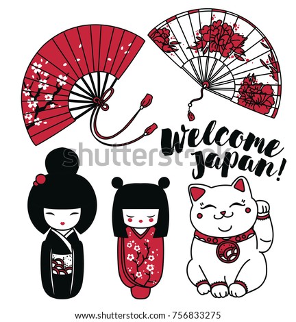 Set of cute traditional souvenirs of Japan: asian hand paper fans, kokeshi - wooden doll and maneki neko - cat with rised hand, vector illustration