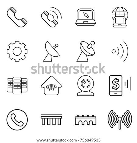 Thin line icon set : phone, call, notebook, globe, gear, satellite antenna, wireless, server, home, web cam, mobile pay, bridge