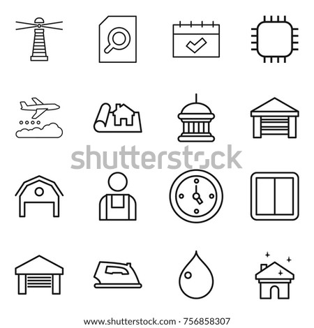 Thin line icon set : lighthouse, search document, calendar, chip, weather management, project, goverment house, garage, barn, workman, watch, power switch, iron, drop, cleaning