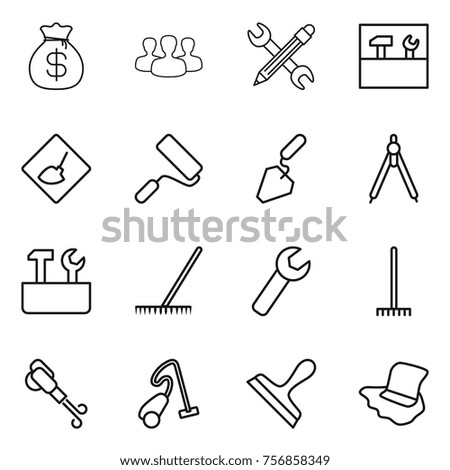Thin line icon set : money bag, group, pencil wrench, tools, under construction, repair, drawing compasses, rake, blower, vacuum cleaner, scraper, floor washing