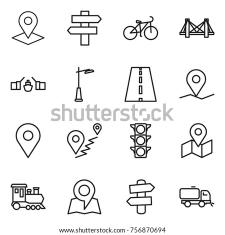 Thin line icon set : pointer, singlepost, bike, bridge, drawbridge, outdoor light, road, geo pin, route, traffic, map, train, signpost, sweeper