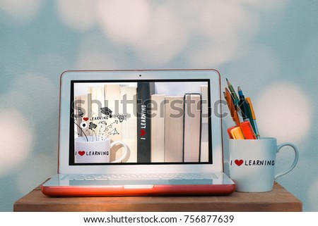 E-Learning and digital lifestyle Concept. stacked books  with education and E-learning illustration doodles in the laptop computer with  bokeh wall background