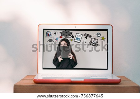 E-Learning and digital lifestyle Concept. Asian student woman  with education and E-learning illustration doodles in the laptop computer with bokeh wall back ground