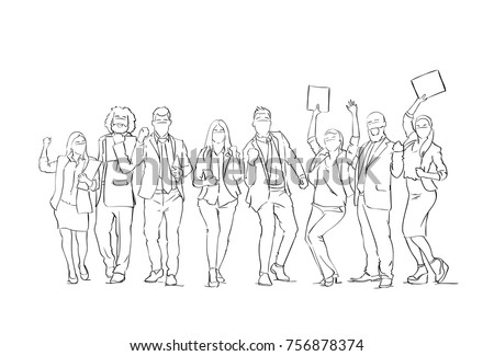 Cheerful Silhouette Business People Group Sketch Happy Businesspeople Team With Raised Hands On White Background Vector Illustration