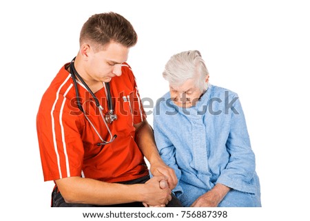 Picture of a senior woman with her young male caregiver