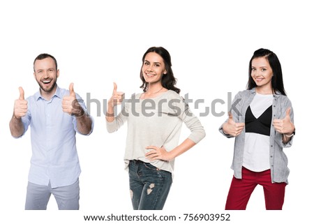 portrait of happy people showing thumbs up isolated on white