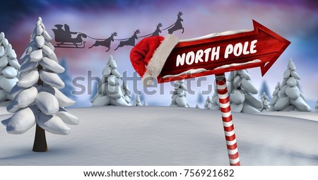 Digital composite of North Poe text on Wooden signpost in Christmas Winter landscape and Santa's sleigh and reindeer's
