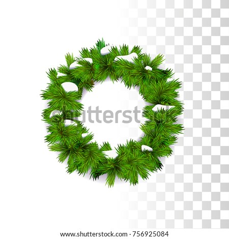 Evergreen Traditional Christmas Wreath Decoration With Snow On Transparent Background. Realistic Vector Illustration.
