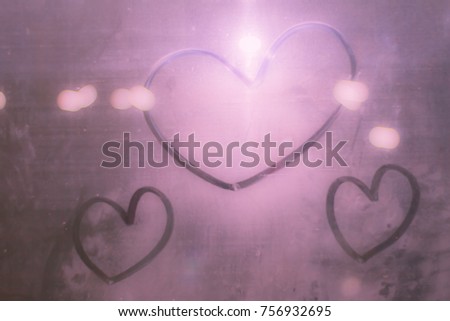 Pink Heart on glass from water. Heart bokeh beautiful or Sweet in Valentine day for Background