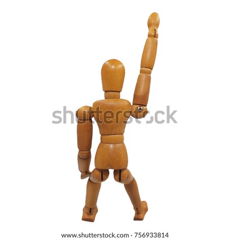 Wooden figure pose sitting raised hand (back view) white background isolated object with saved clipping path