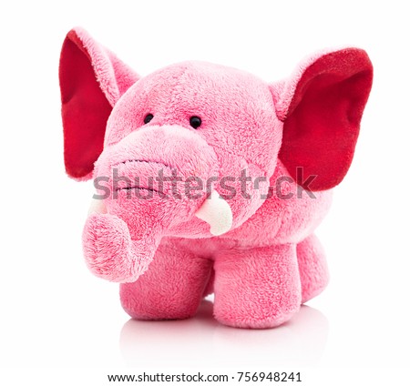 Plush pink elephant toy for little kids isolated on the white background with shadow reflection. Front view of soft pink animal toy for small kids for playing. Stuffed pink elephant