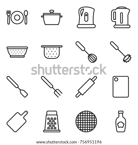 Thin line icon set : cafe, pan, kettle, colander, whisk, spatula, big fork, rolling pin, cutting board, grater, sieve, ketchup