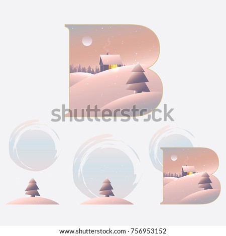 Illustrated letter b in Christmas winter theme with snowy cabin in the woods