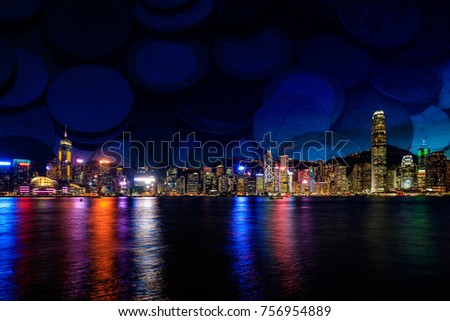 Hong Kong skyline cityscape and money cash background. Investment and business economy concept