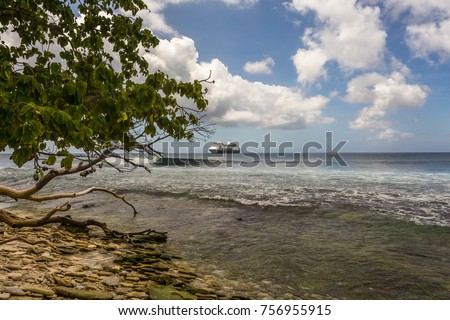 The stony pebbled coast, overgrown with palm trees and rushing waves, a snag on the shore and a cruise ship in the distance, Fanning Island, the Republic of Kiribati