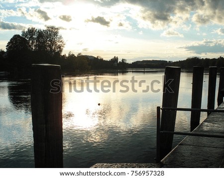 Panoramic view of the Rhine River overlooking the shore in the beautiful tourist village of Stein am Rhein in Germany.Sunset view
