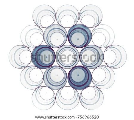 Abstract shapes of plastic glasses. Hexagon rounded shape. With dark blue cups insertion. Glasses for beverages: alcohol and non-alcohol.