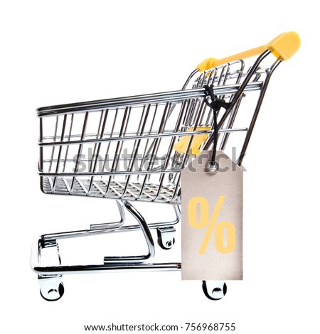A large shopping basket isolated on a white background, food cart, 
tag or label with a percent sign, side view
