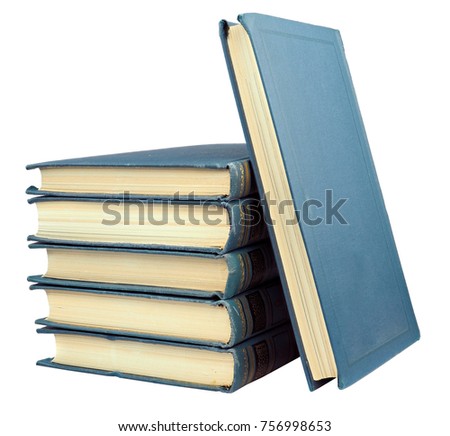 stack of old blue books isolated on white background
