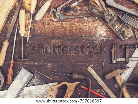 top view retro woodworking tools hero header Royalty-Free Stock Photo #757018597
