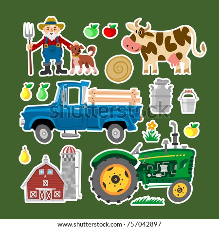 Set of comic funny farm flat objects with barn, old tractor, pickup truck, cow with milk, dog and farmer. Collection of farming stickers.