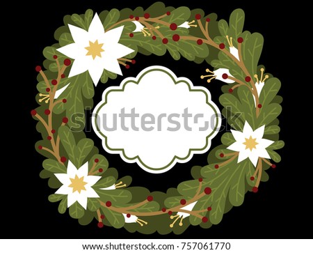 Christmas holiday floral wreath vector illustration with center card for text or logo. 