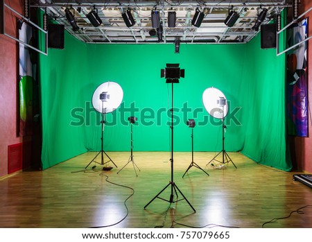 Studio for movies. Green screen. The chroma key. Lighting equipment in the pavilion. Show business
