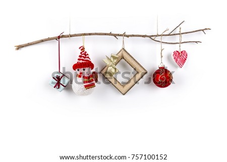 Christmas, wooden, thin branch with hanging toys and gifts on the white background