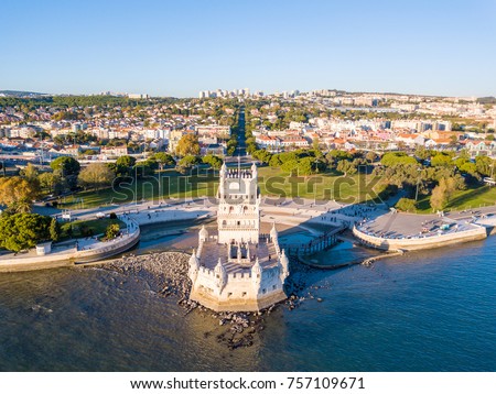 Magical aerial panoramic sunset view of the Belem tower in Lisbon, Portugal