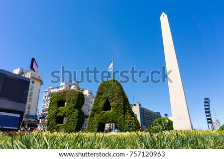 The obelisk the landmark of Buenos Aires, Argentina. It is located in the Plaza de la RepÃºblica on Avenida 9 de Julio Royalty-Free Stock Photo #757120963